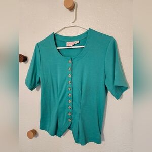 Rare Vintage Jaclyn Smith Petite Blue Short Sleeve Fitted Button Down Shirt